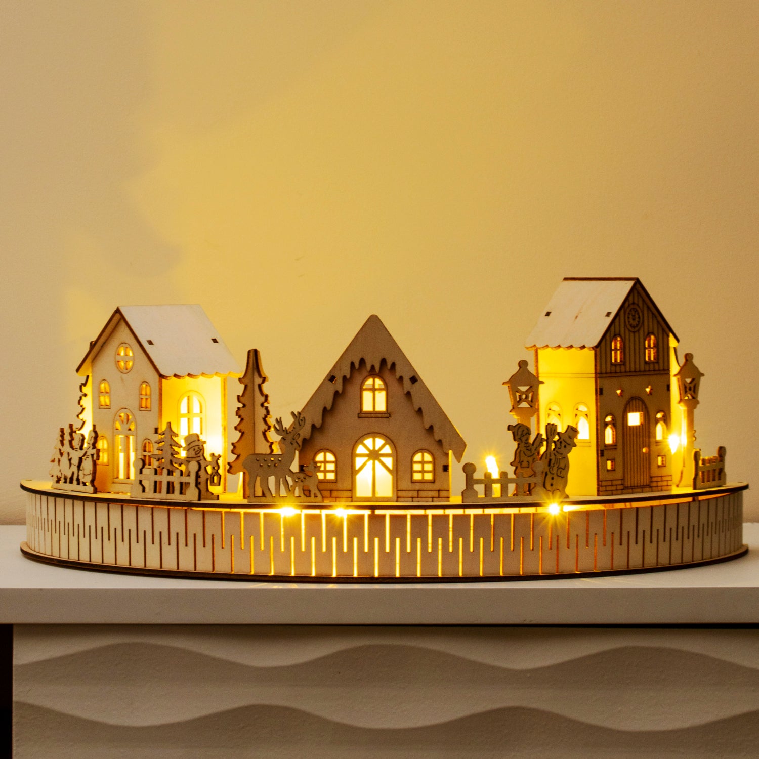 Round Light Up Wooden Christmas Village Scene