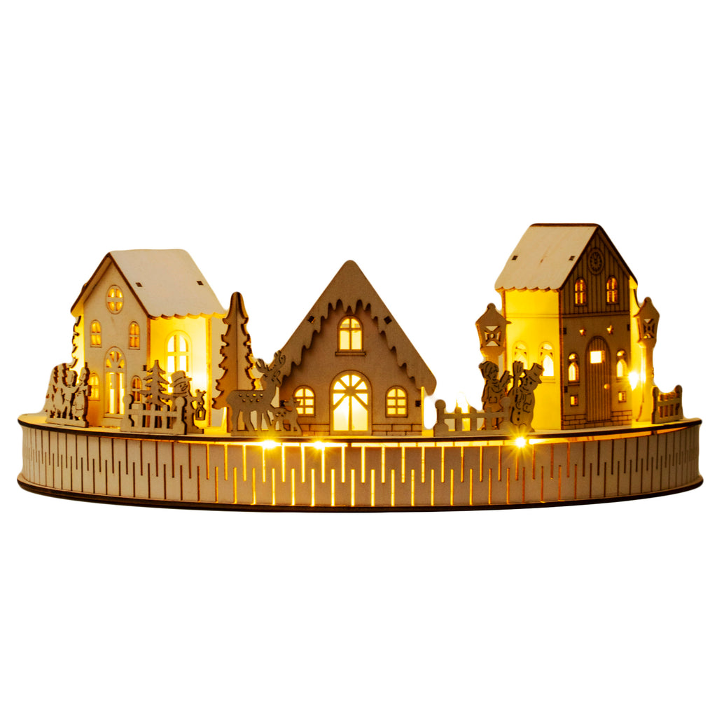 Round Light Up Wooden Christmas Village Scene