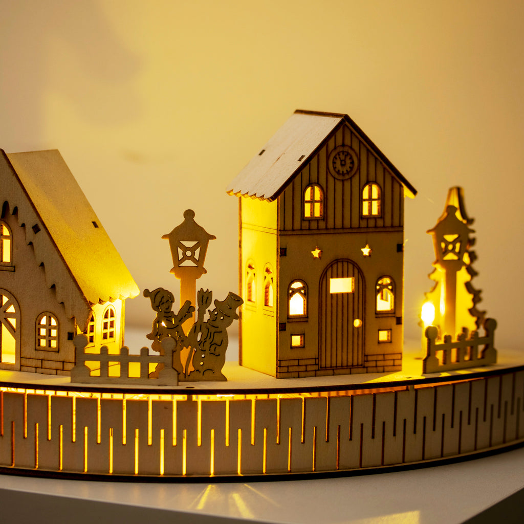 Round Light Up Wooden Christmas Village Scene