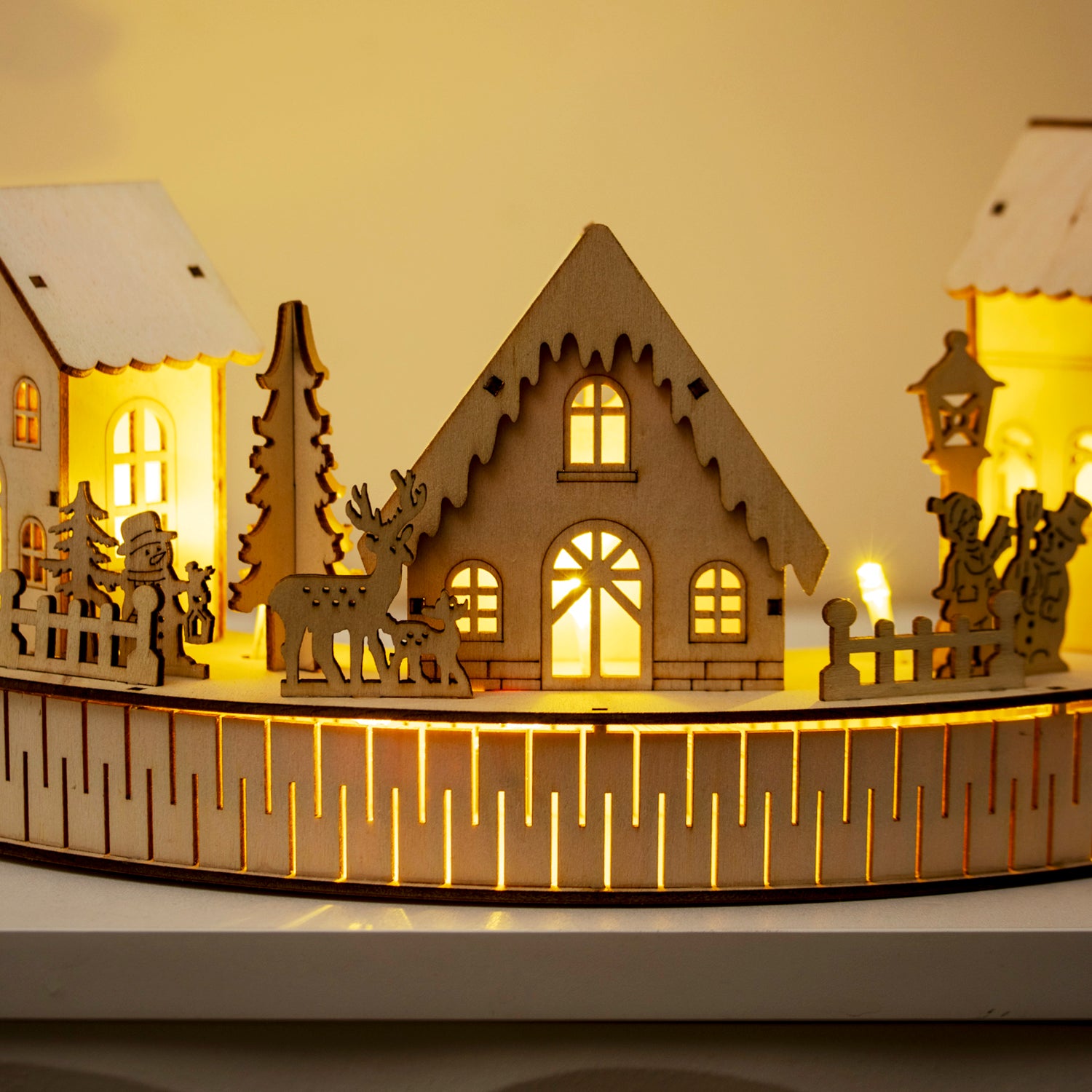 Round Light Up Wooden Christmas Village Scene