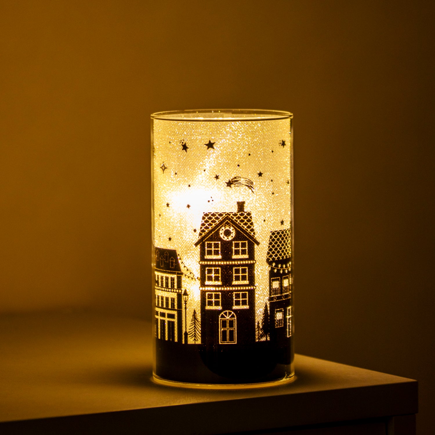 Light Up Christmas Houses Silhouette Glass Lantern