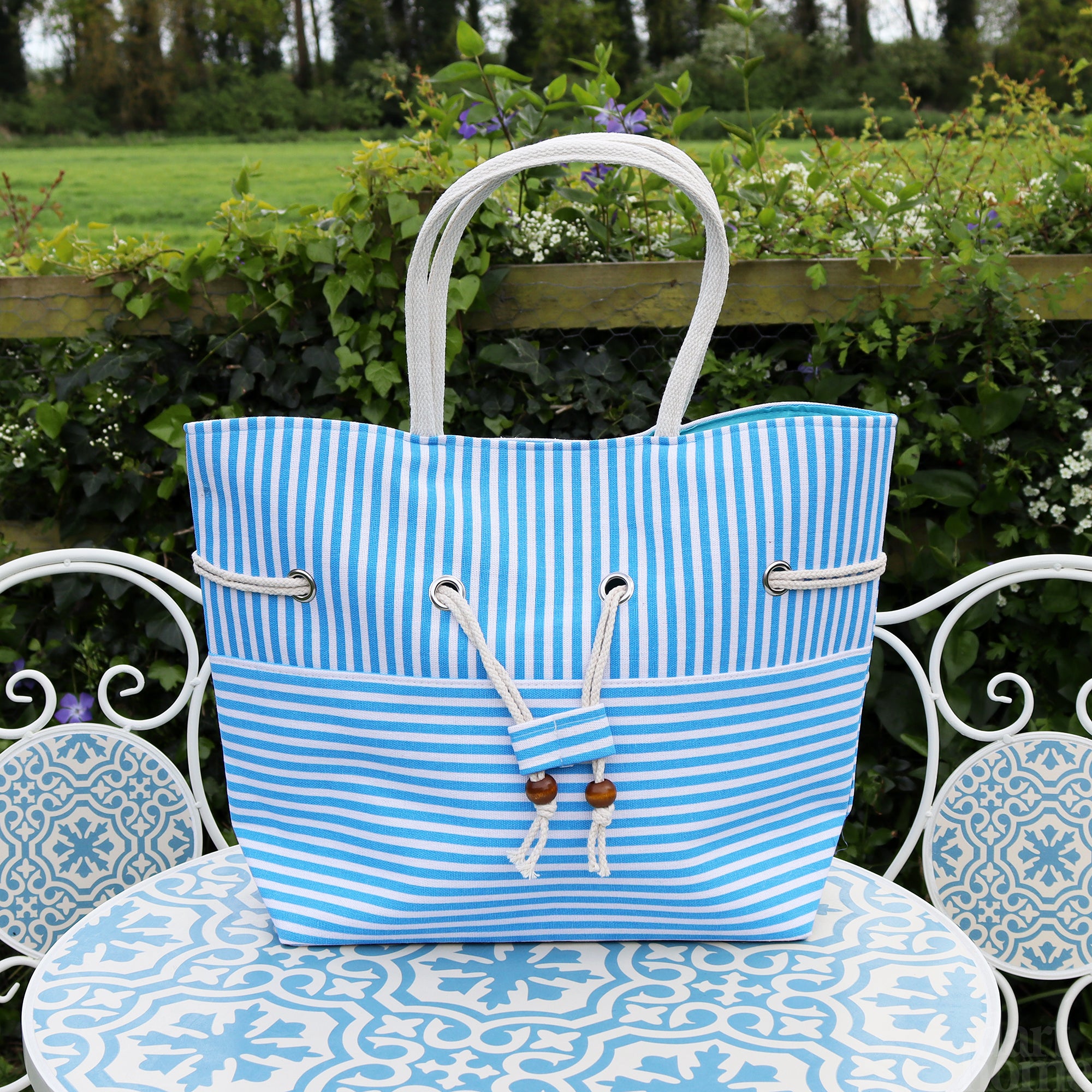 Light Blue Striped Beach Bag