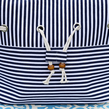 Navy Blue Striped Beach Bag