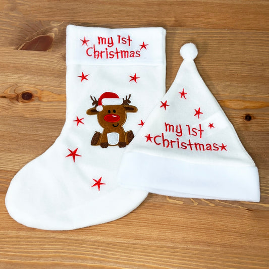 White Reindeer My 1st Christmas Hat And Stocking Set