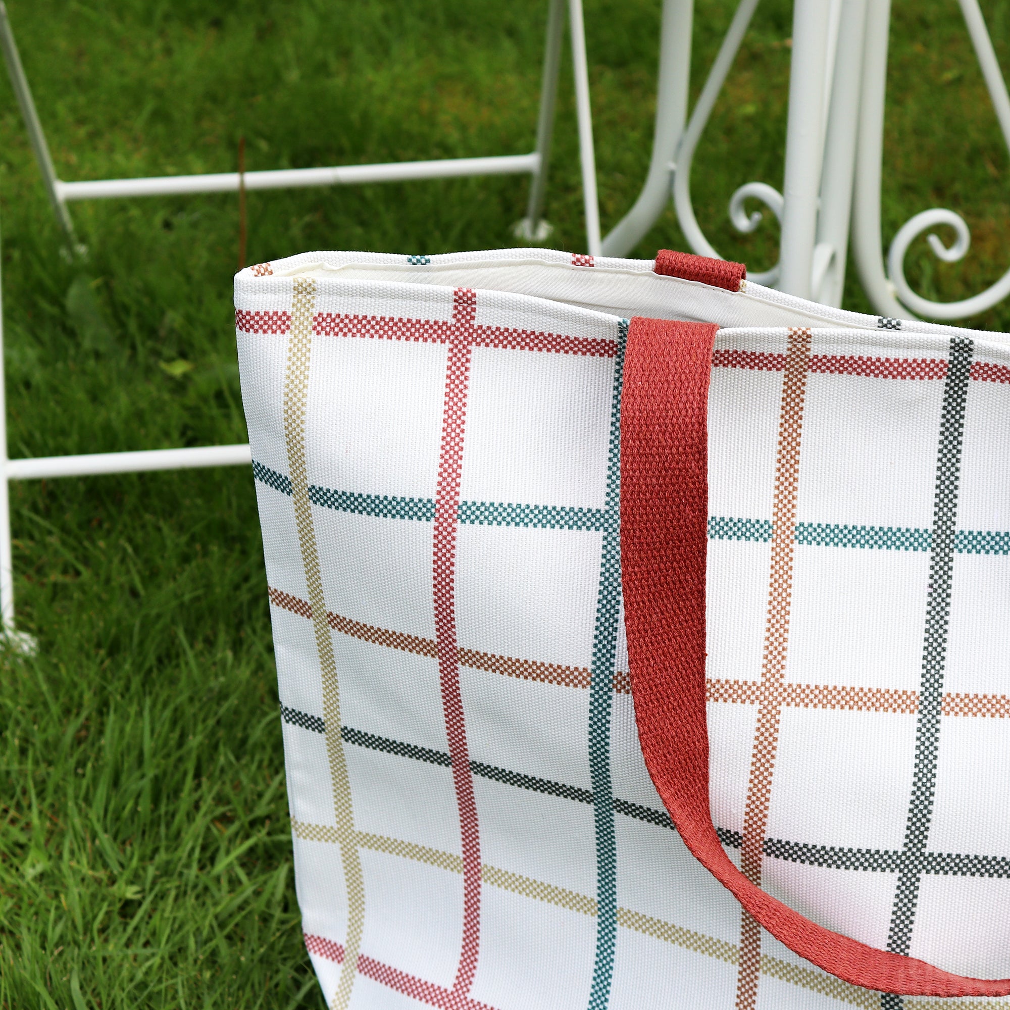 White And Red Tartan Canvas Beach Bag