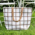 White And Brown Tartan Canvas Beach Bag