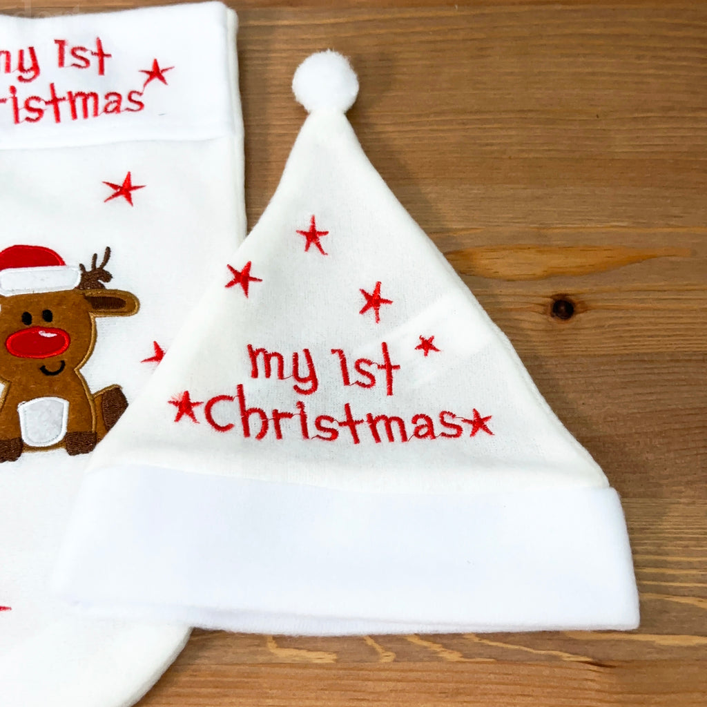 White Reindeer My 1st Christmas Hat And Stocking Set