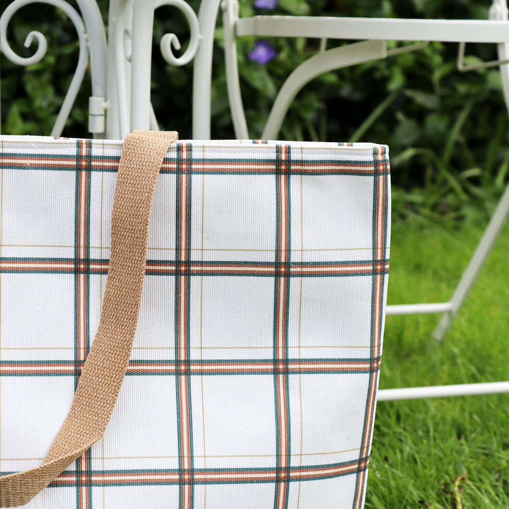 White And Brown Tartan Canvas Beach Bag