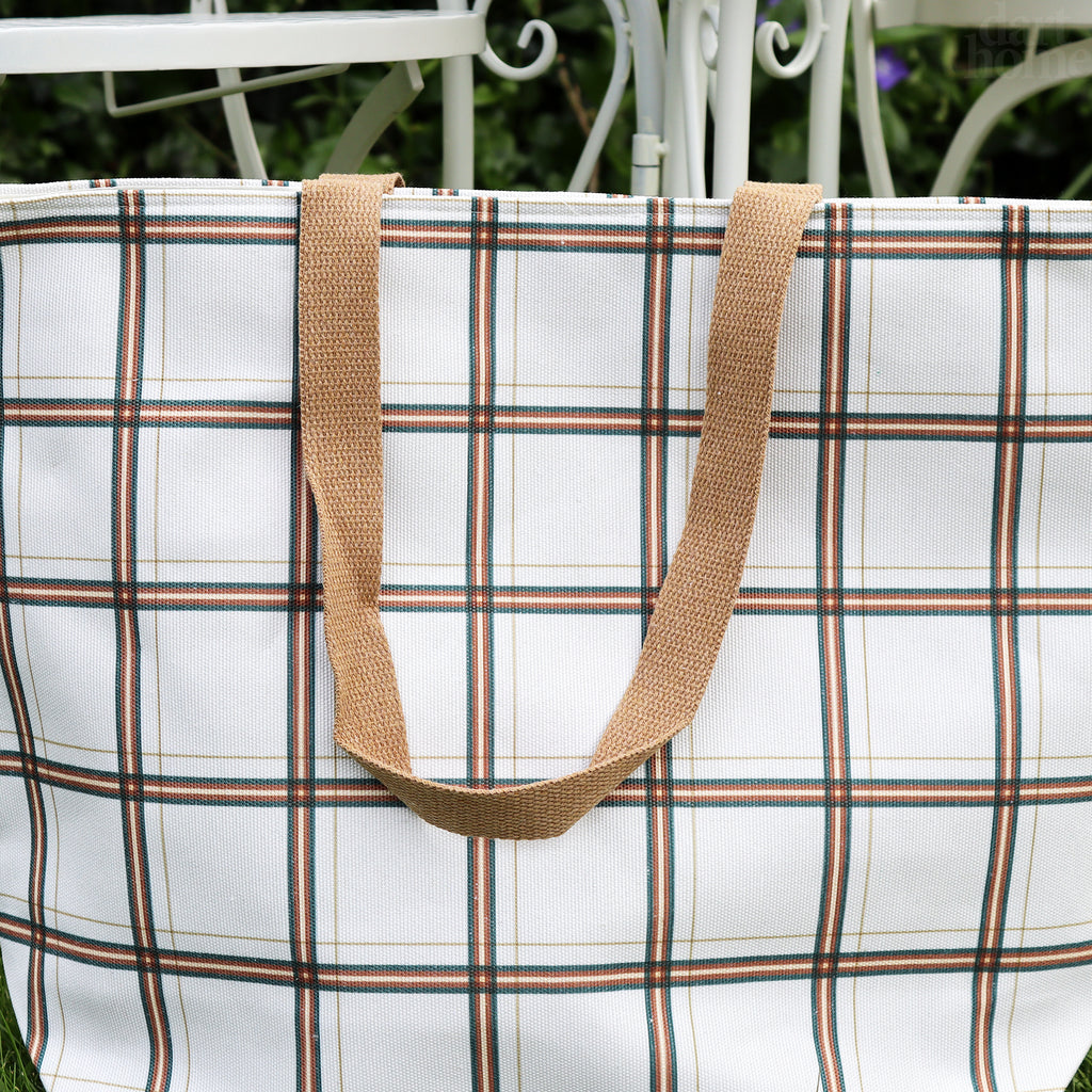 White And Brown Tartan Canvas Beach Bag