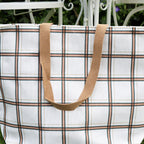 White And Brown Tartan Canvas Beach Bag