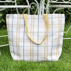 White And Yellow Tartan Canvas Beach Bag