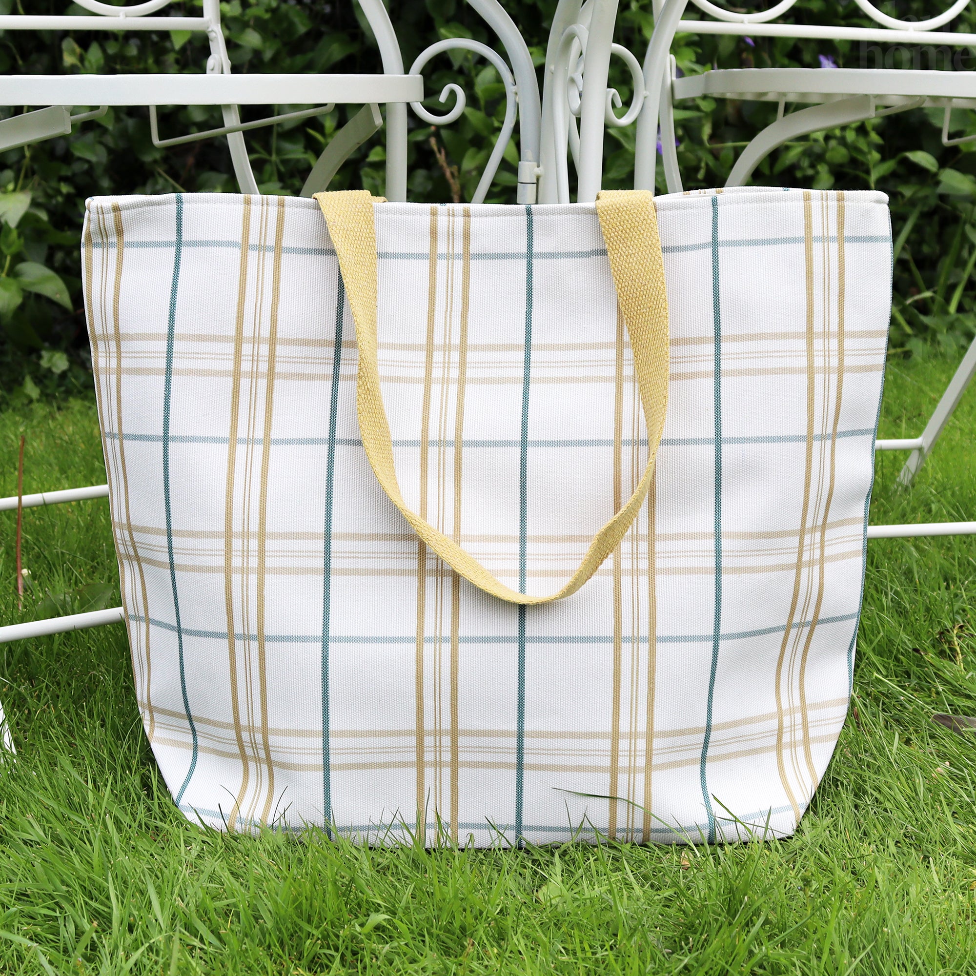 White And Yellow Tartan Canvas Beach Bag