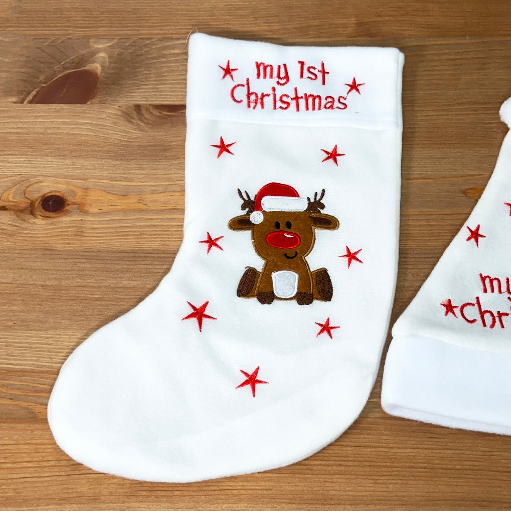 White Reindeer My 1st Christmas Hat And Stocking Set