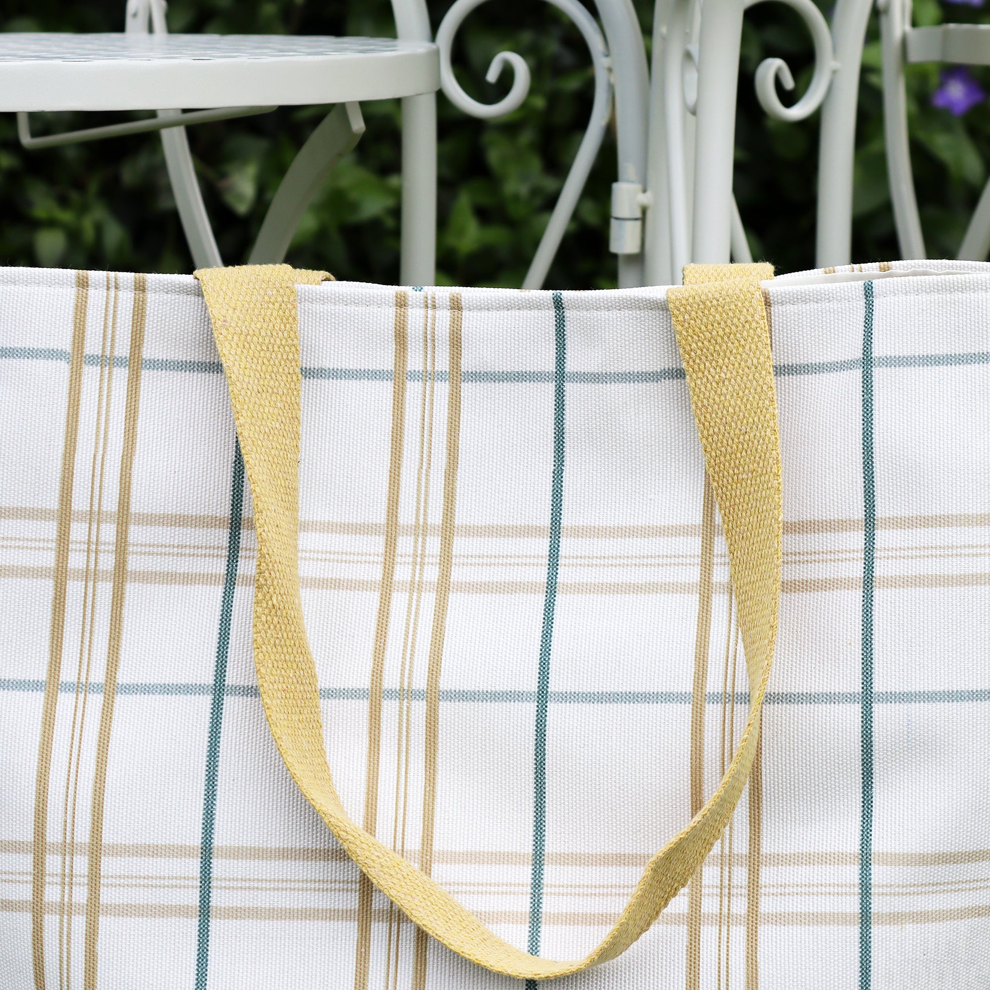 White And Yellow Tartan Canvas Beach Bag
