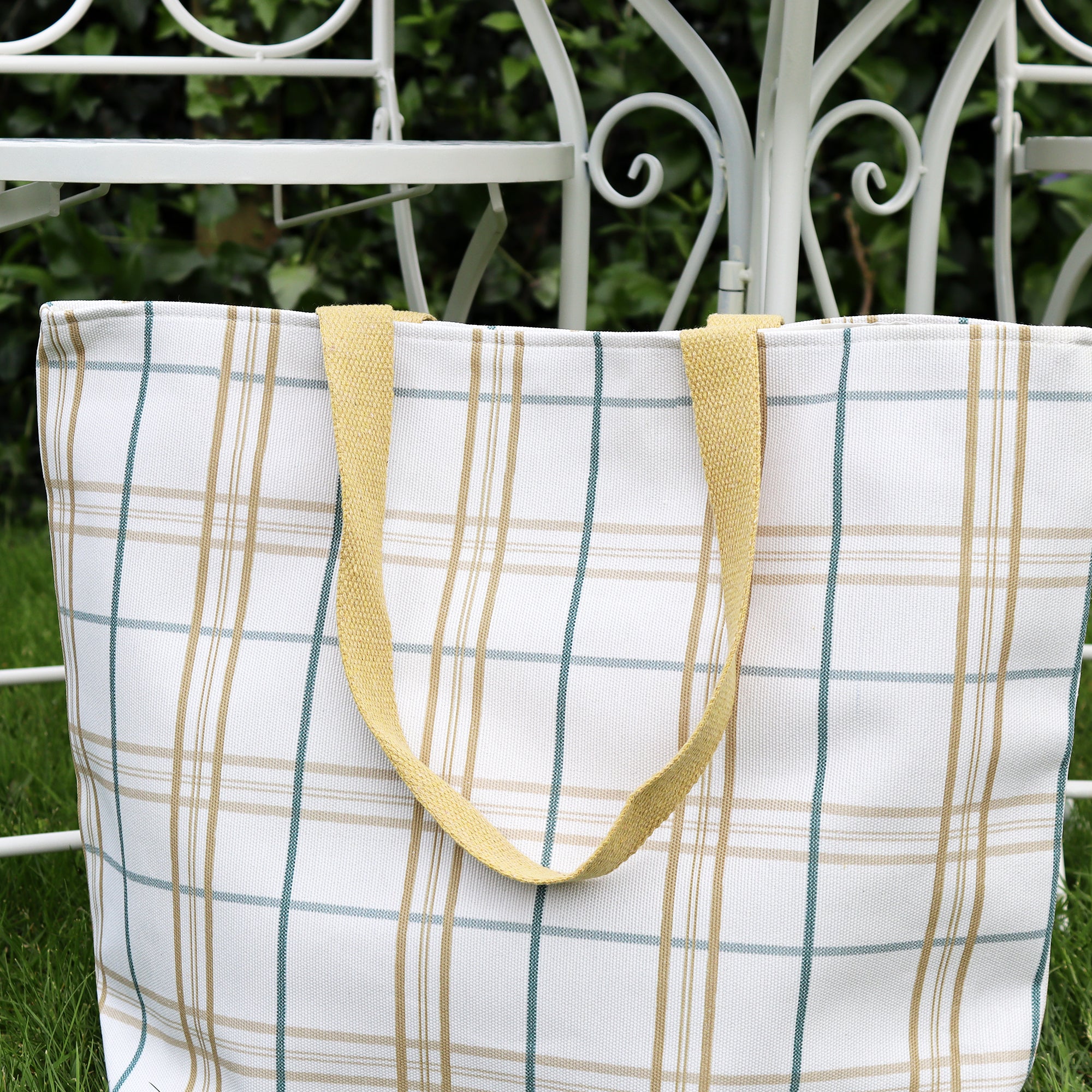White And Yellow Tartan Canvas Beach Bag