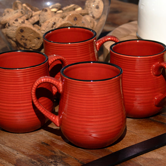 Sets Of 4 Red Ribbed Barrel Mugs