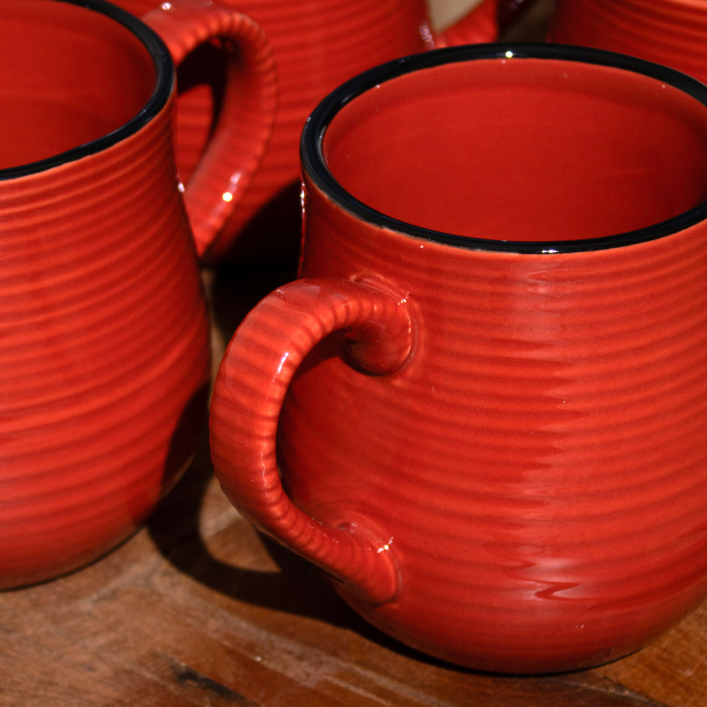 Sets Of 4 Red Ribbed Barrel Mugs