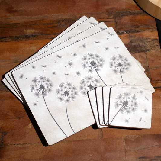 Set Of 4 Grey Dandelion Placemats & Coasters