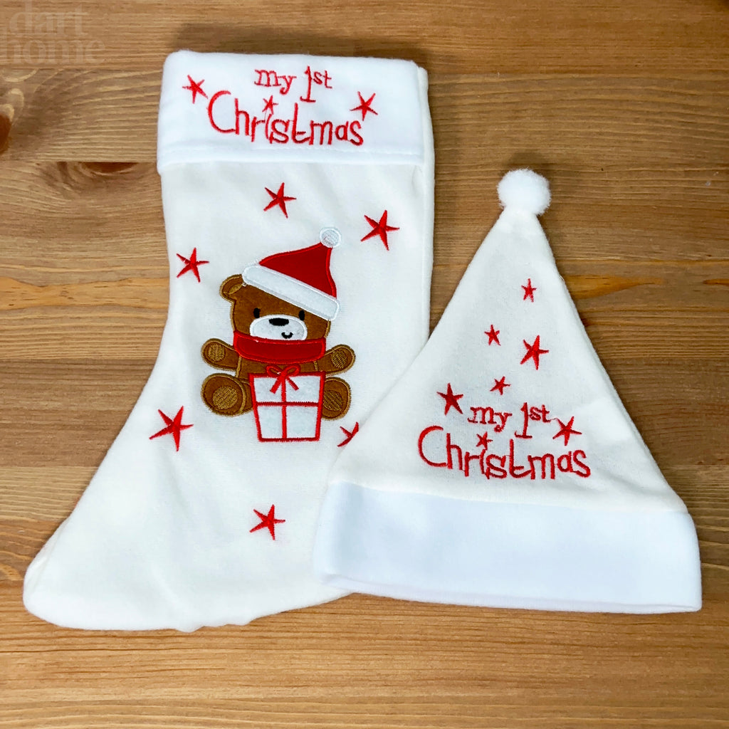White Teddy My 1st Christmas Hat And Stocking Set