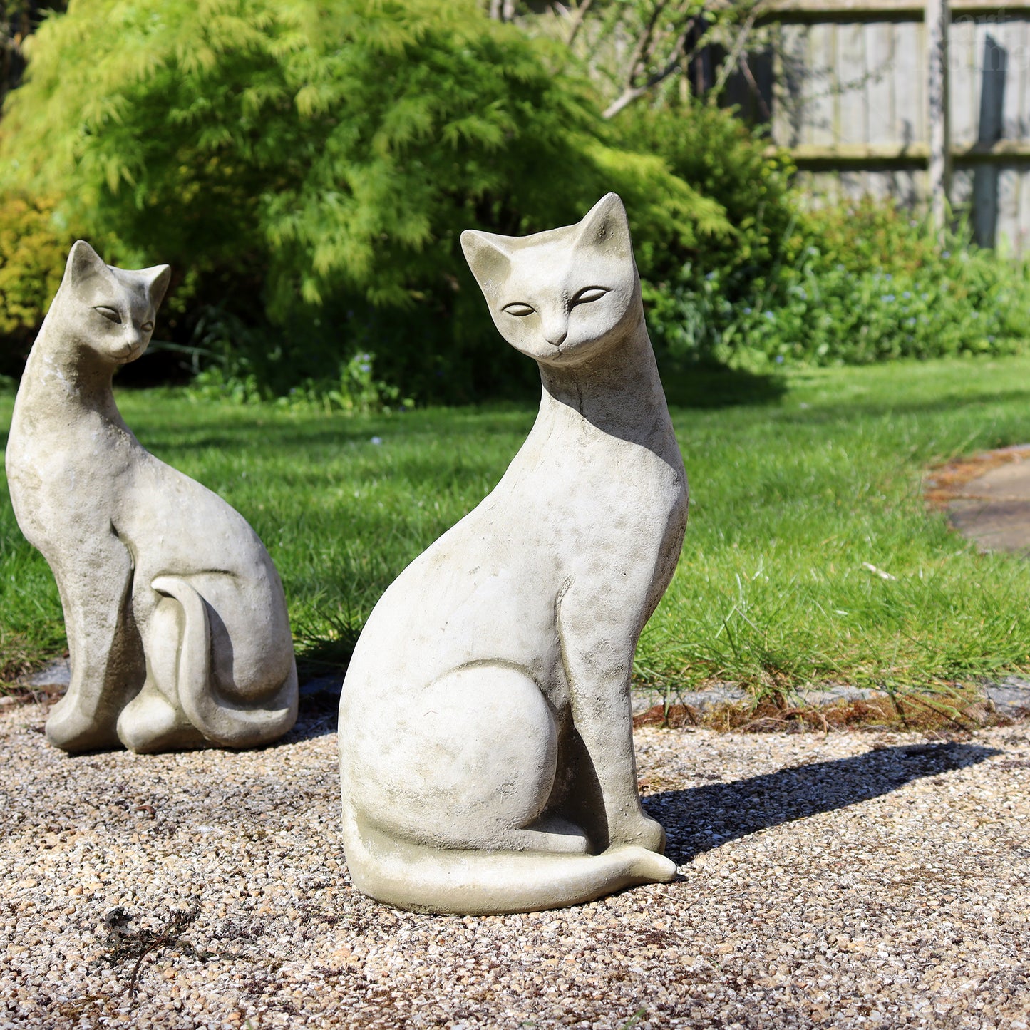 Stone Siamese Cat Pair Sculptures