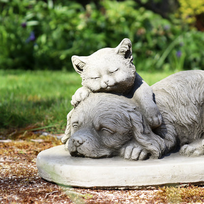 Stone Sleeping Puppy And Kitten Sculpture