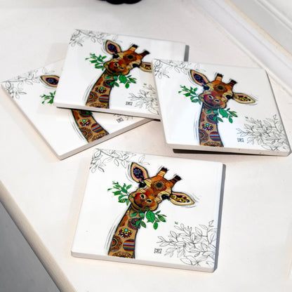 Set Of 4 Ceramic Giraffe Bug Art Coasters