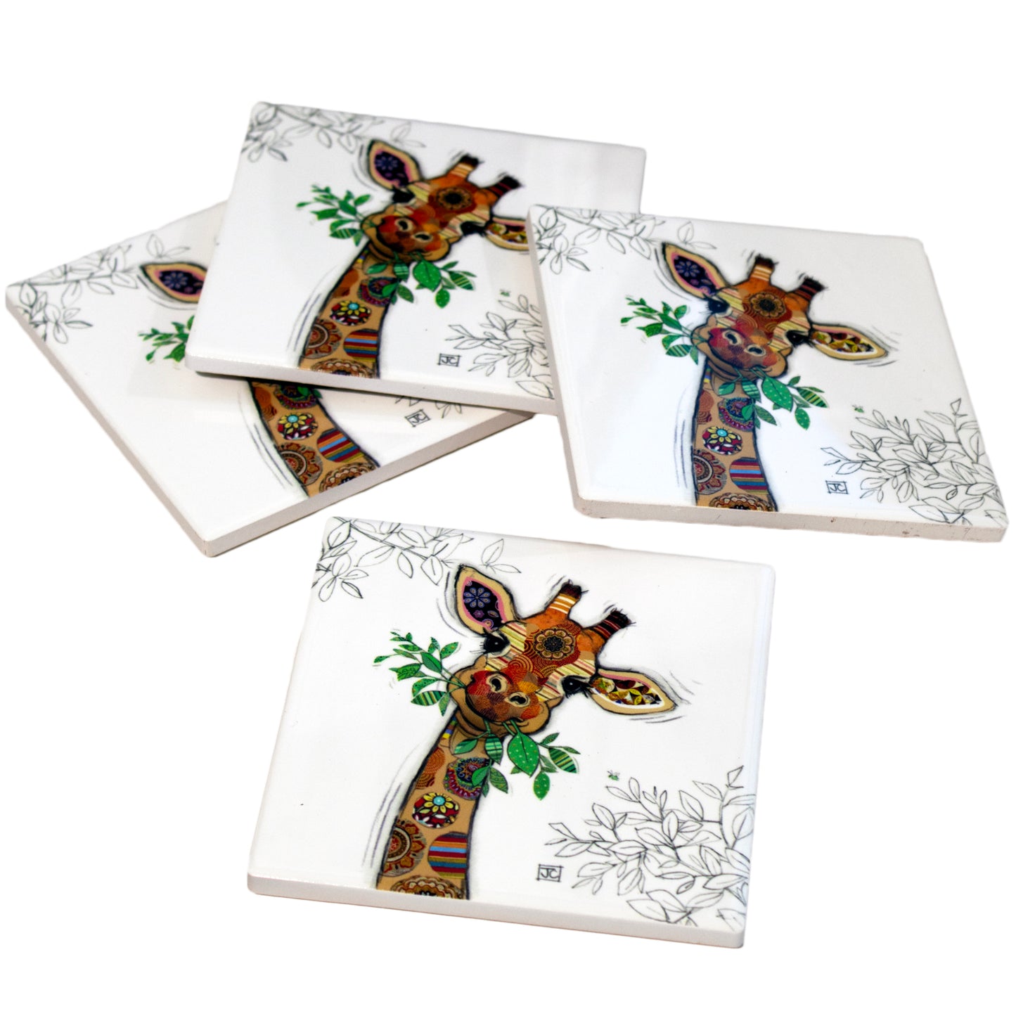 Set Of 4 Ceramic Giraffe Bug Art Coasters