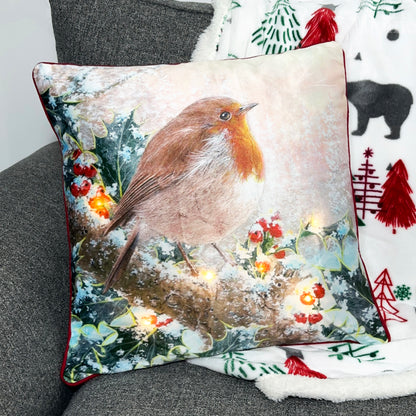 Light Up Christmas Robin Cushion