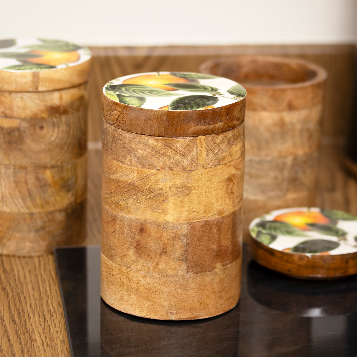 Enamelled Orange Blossom Mango Wood Storage Jar