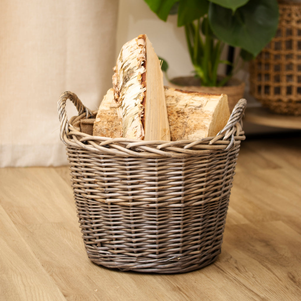 Antique Wash Lined Wicker Log Basket Medium