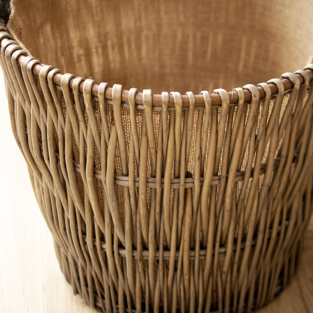 Antique Wash Wicker Log Basket With Rope Handles