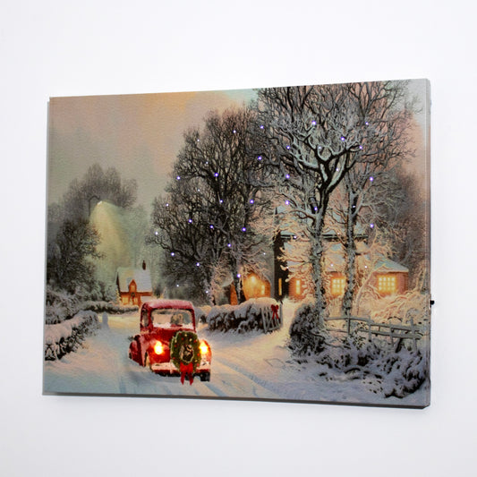 LED Snowy Red Car Christmas Canvas Wall Art