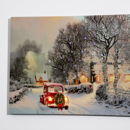 LED Snowy Red Car Christmas Canvas Wall Art