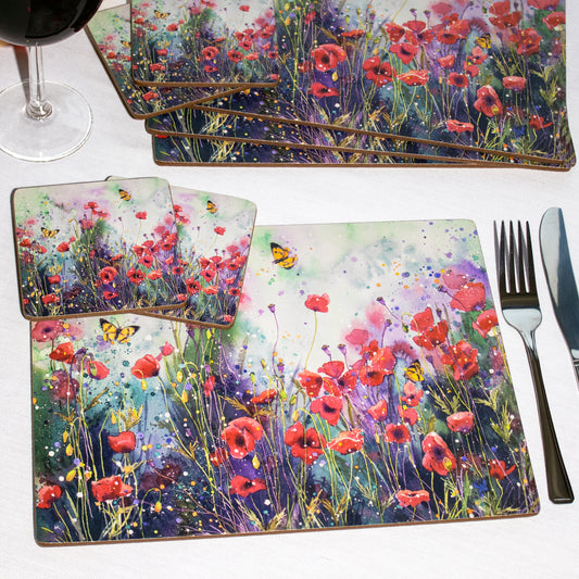 Set Of 4 Poppy Field Placemats and Coasters