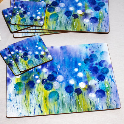 Set Of 4 Blue Cornflower Placemats and Coasters