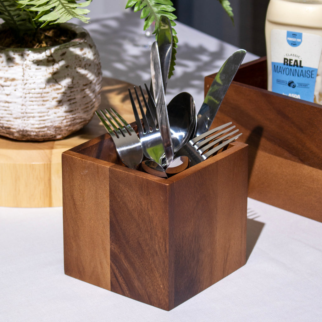Acacia Wood Square Utensil Holder
