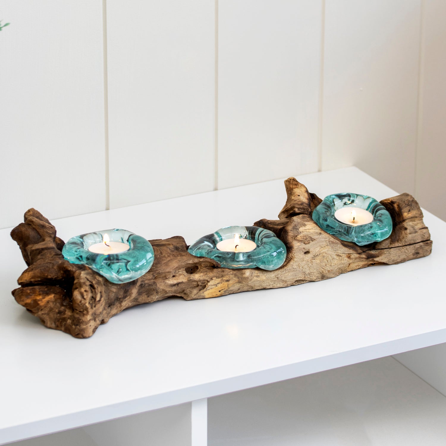 Molten Glass Triple Candle Holder With Teak Root Base