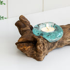 Molten Glass Triple Candle Holder With Teak Root Base