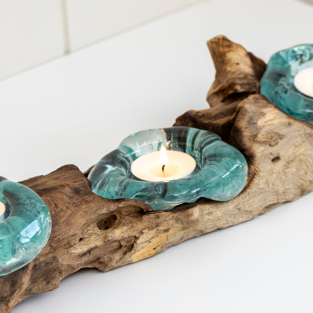 Molten Glass Triple Candle Holder With Teak Root Base