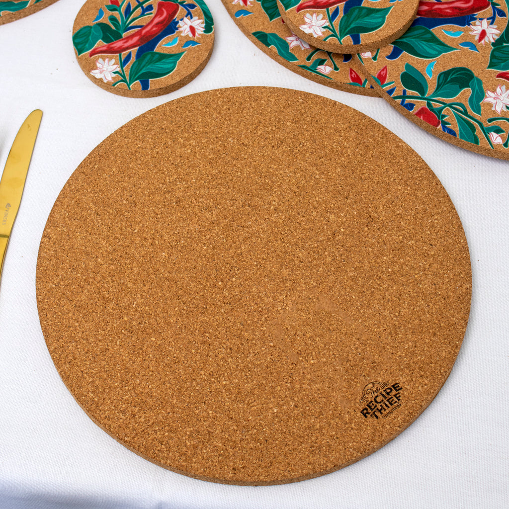Set Of 4 Botanical Red Chilli Cork Placemats and Coasters