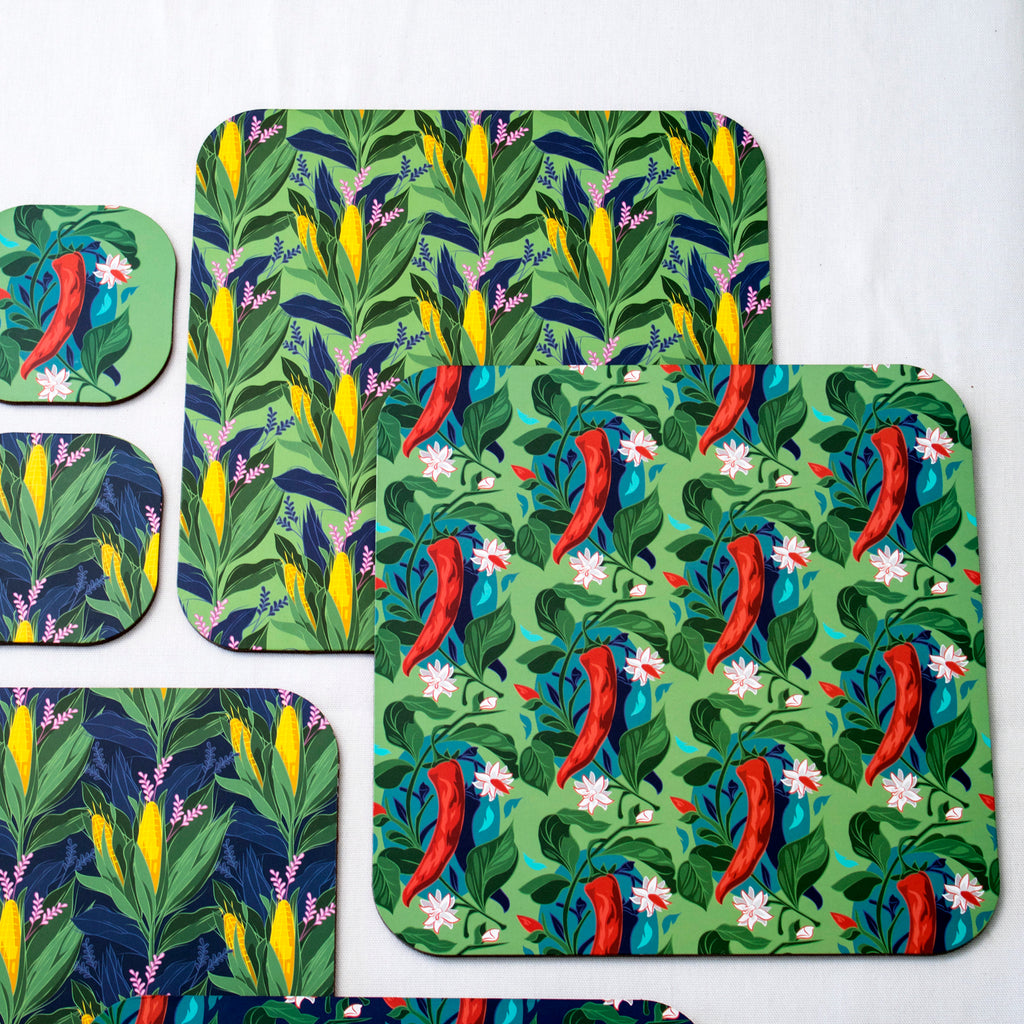 Set Of 4 Corn/Chilli Placemats & Coasters