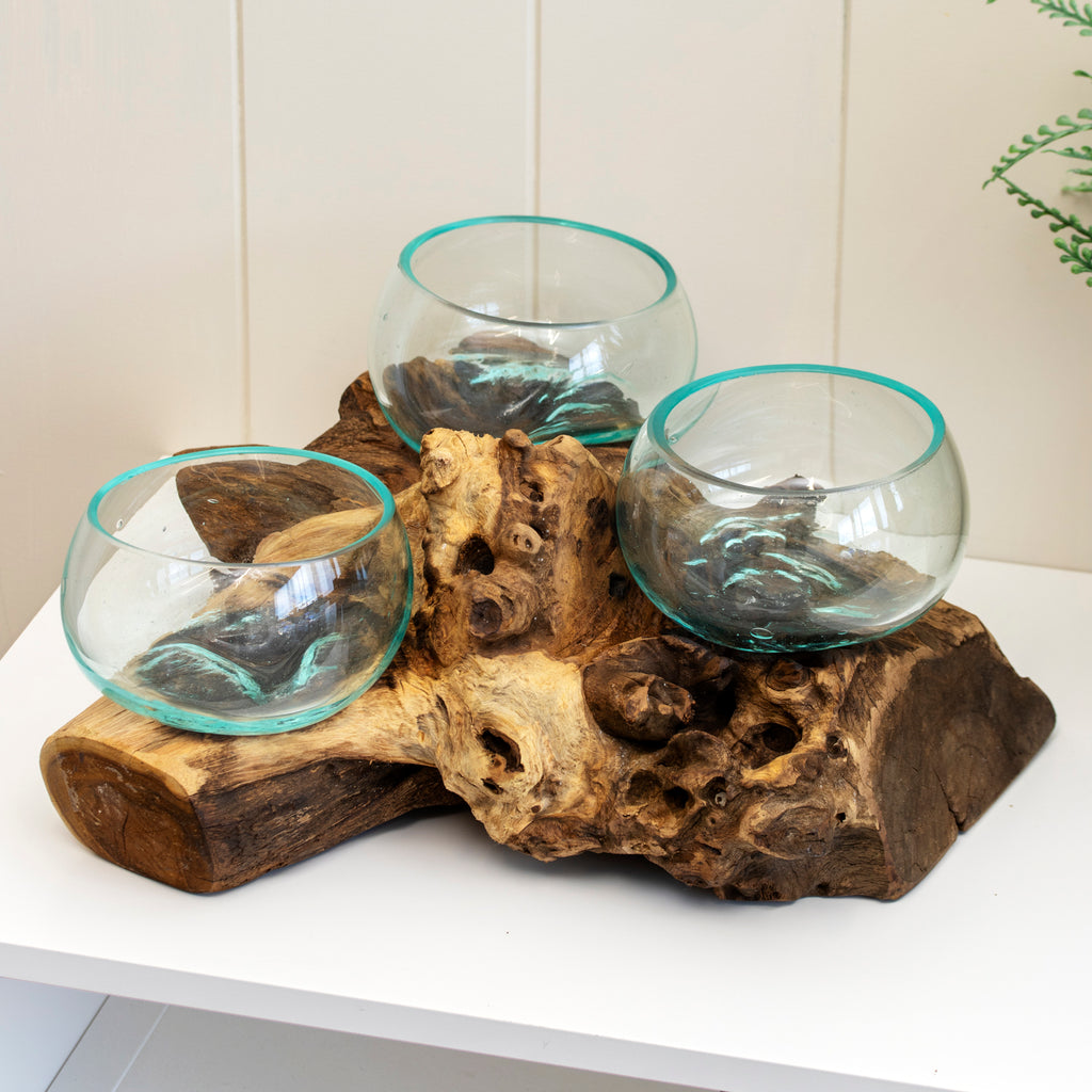 Triple 12cm Molten Glass Bowl With Tree Root Stand