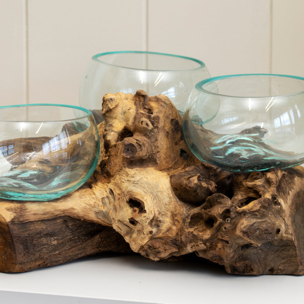 Triple 12cm Molten Glass Bowl With Tree Root Stand
