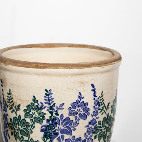 Round Blue Floral Crackle Ceramic Plant Pot