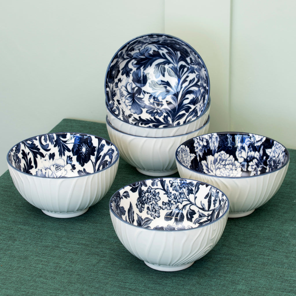 Set Of 6 Blue & White Floral Cereal Bowls