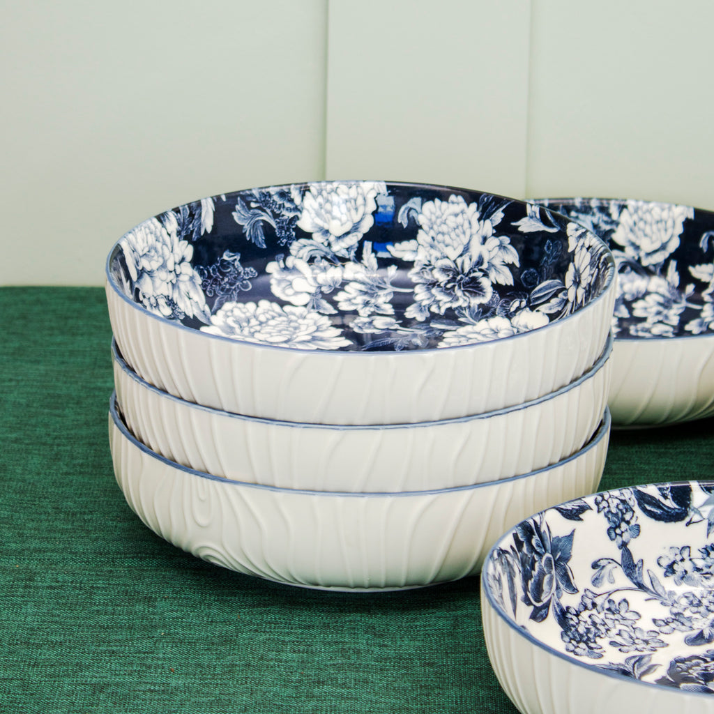 Set Of 6 Blue & White Floral Pasta Bowls