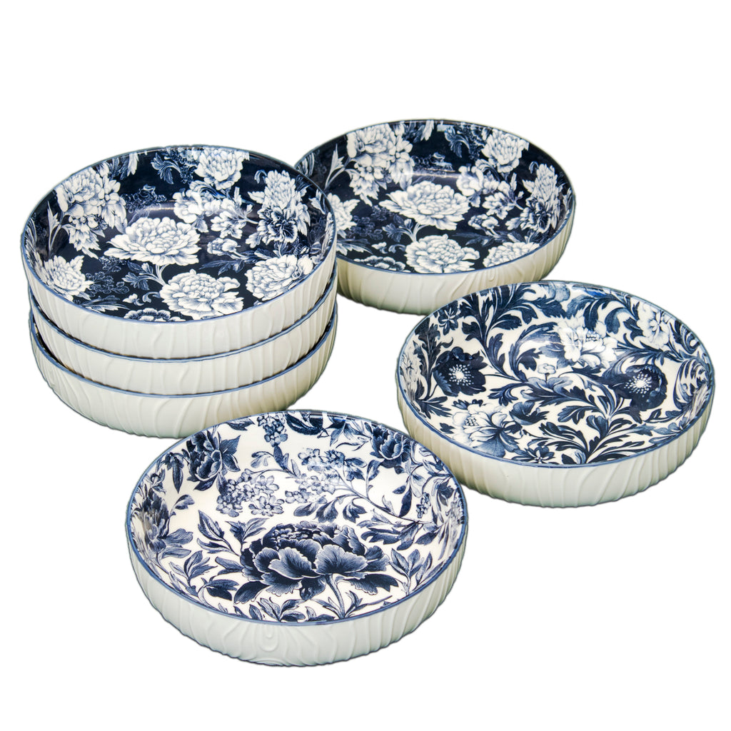 Set Of 6 Blue & White Floral Pasta Bowls