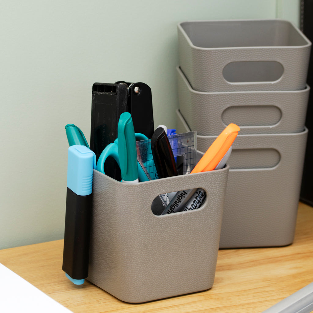 Set Of 4 Textured Warm Grey Square Pen Pots