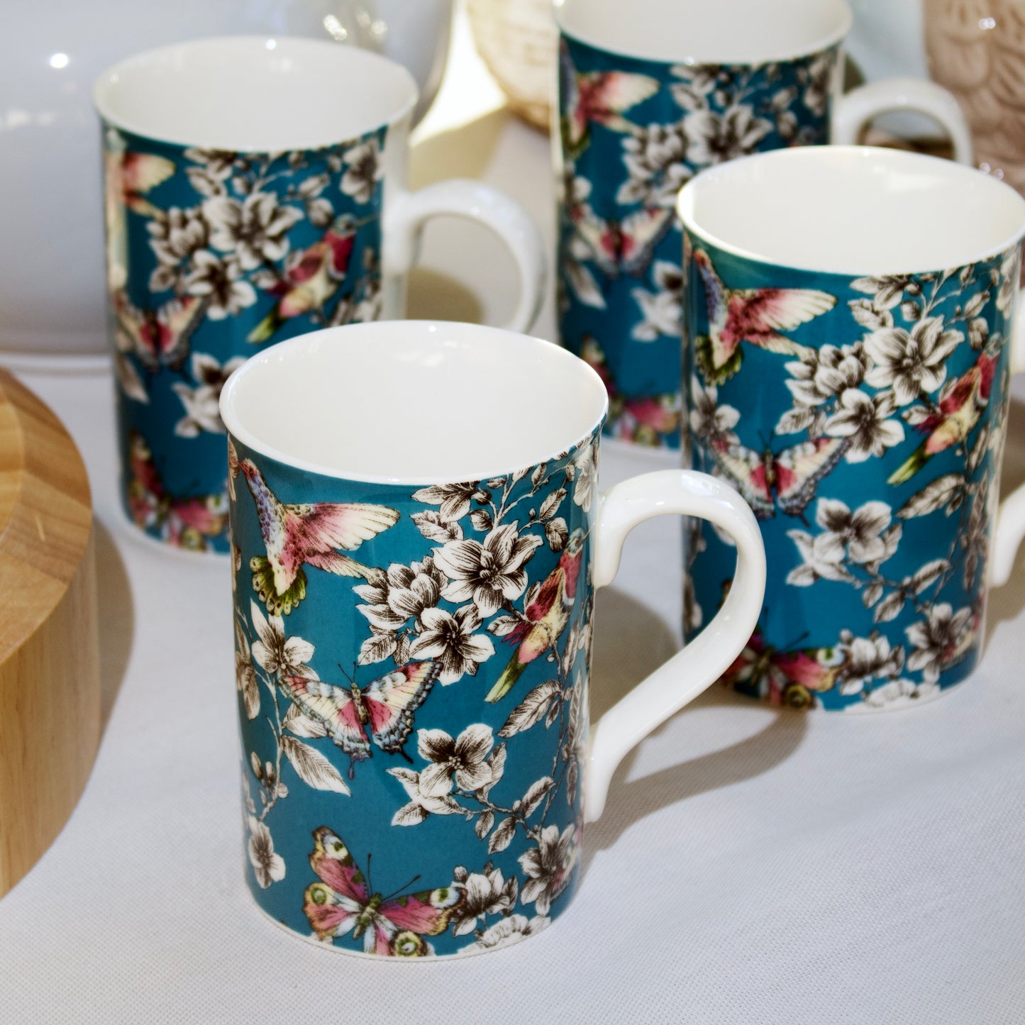 Set Of 4 Teal Blue Floral Hummingbird Mugs