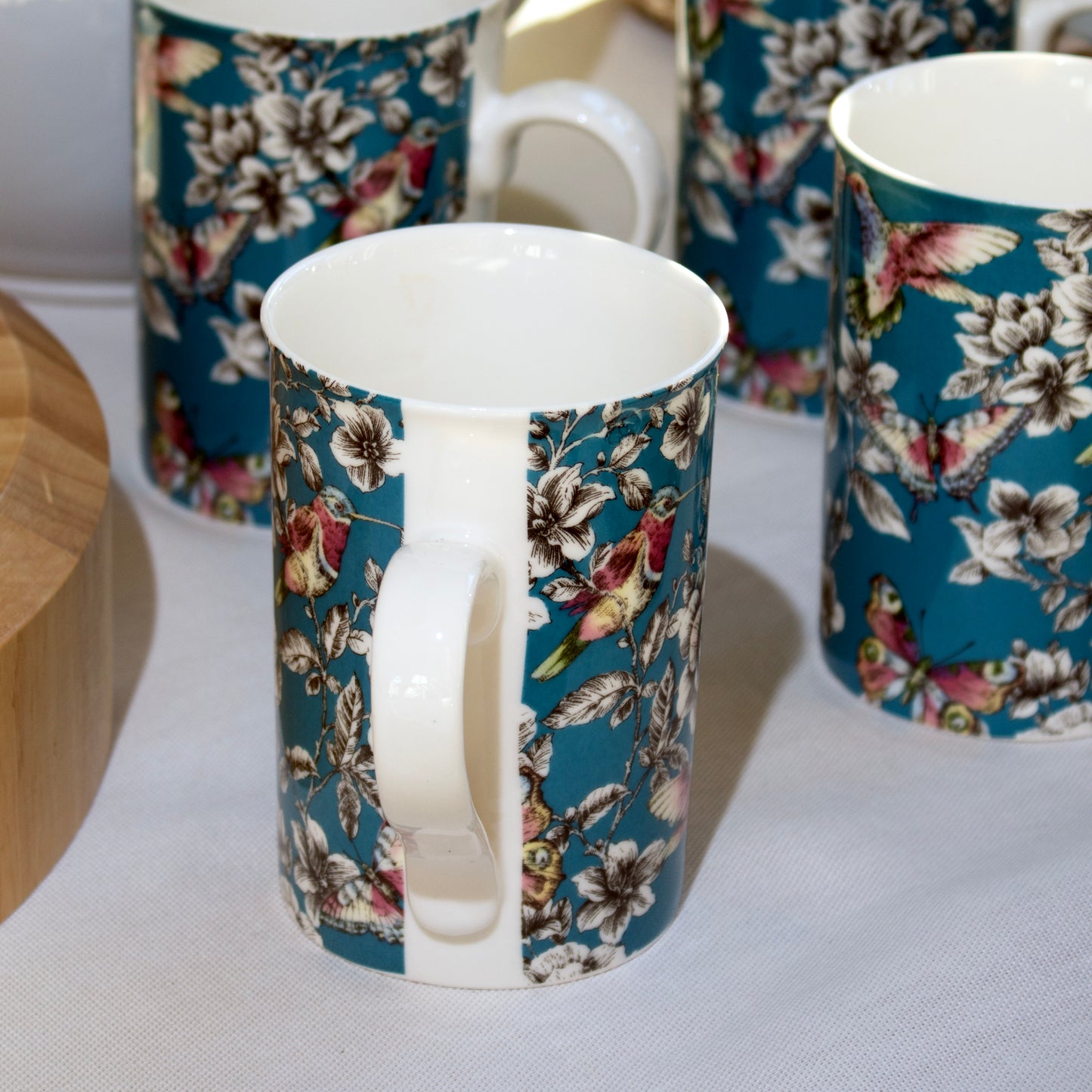 Set Of 4 Teal Blue Floral Hummingbird Mugs